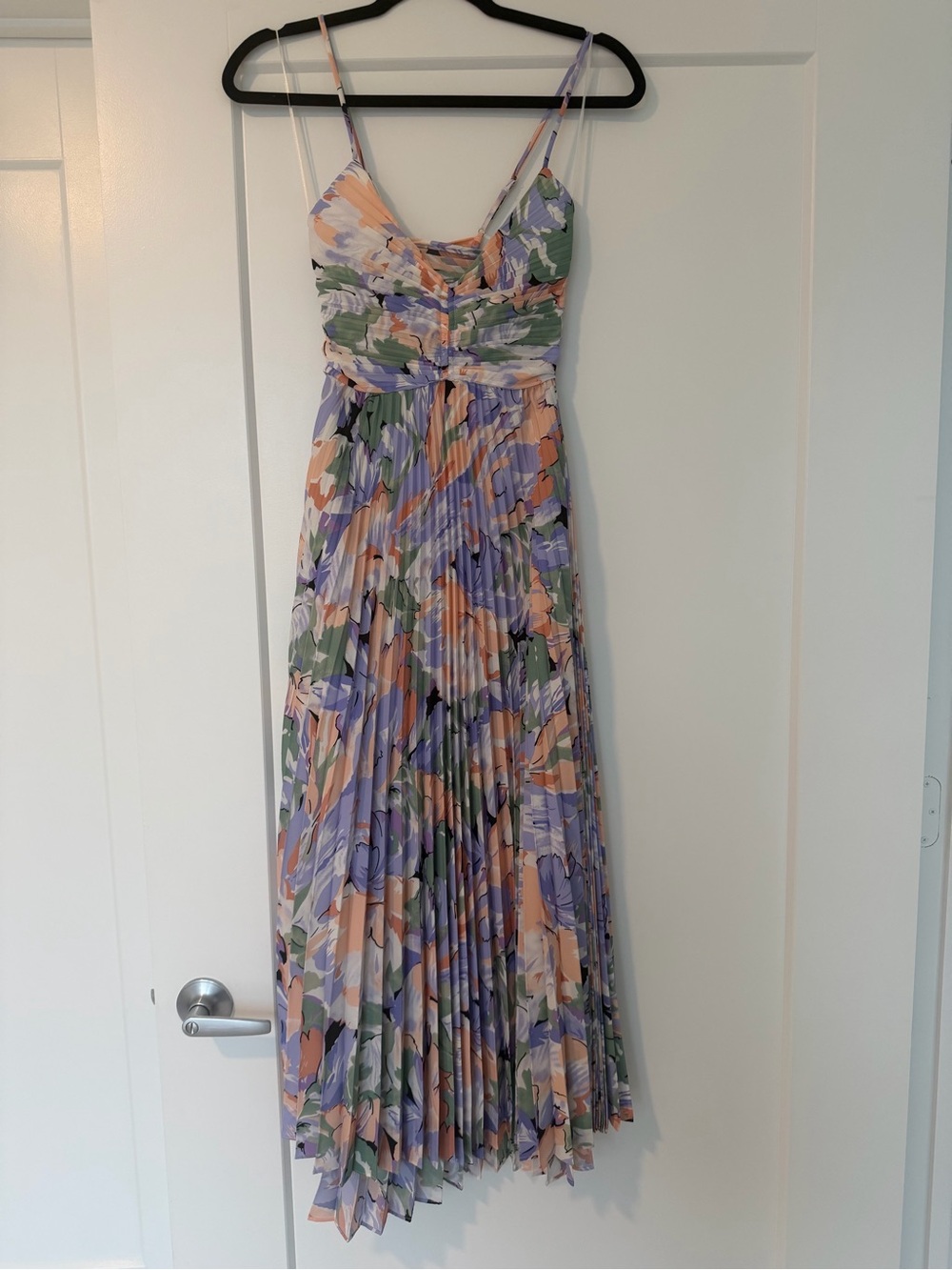 Astr Floral Pleated Midi Dress in Lavender Peach Green